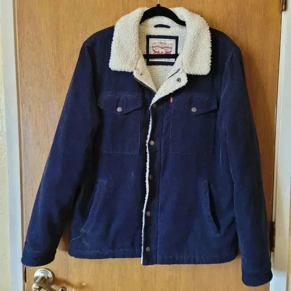 Levi's Men's Corduroy Sherpa Trucker Button Jacket, Navy, Size Medium - Picture 3 of 14